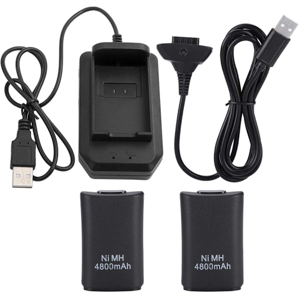 Xbox 360 Controller Kit, 2*4800mAh Batteri USB-opladningskabel+opladningsbase
