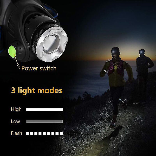 Tehokas LED-otsalamppu, ladattava taskulamppu, säädettävä otsalamppu, 3 tilaa LED-otsalamppu