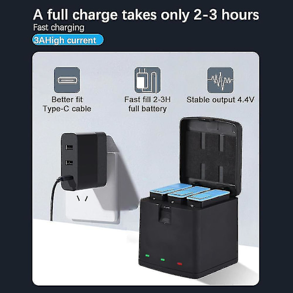 3 stk 1800mAh batteri + 3-spor lader med USB-port, kompatibel med GoPro Hero 12/11/10/9