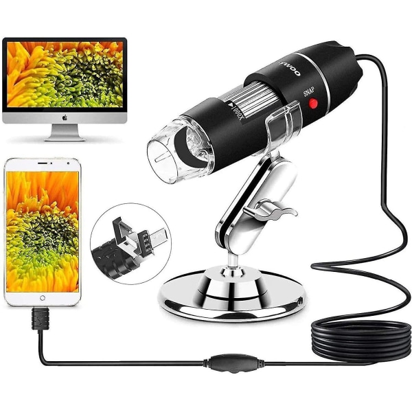 Usb Mikroskop 8 Led Usb 2.0 digitalt mikroskop, 40 til 1000x forstørrelse Endoskop minikamera med Otg-adapter og metalstativ, kompatibel med Mac