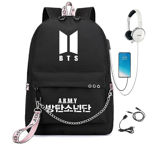Blackpink Rygsæk Usb Genopladelig Rygsæk Studerende Skole Taske- black BTS