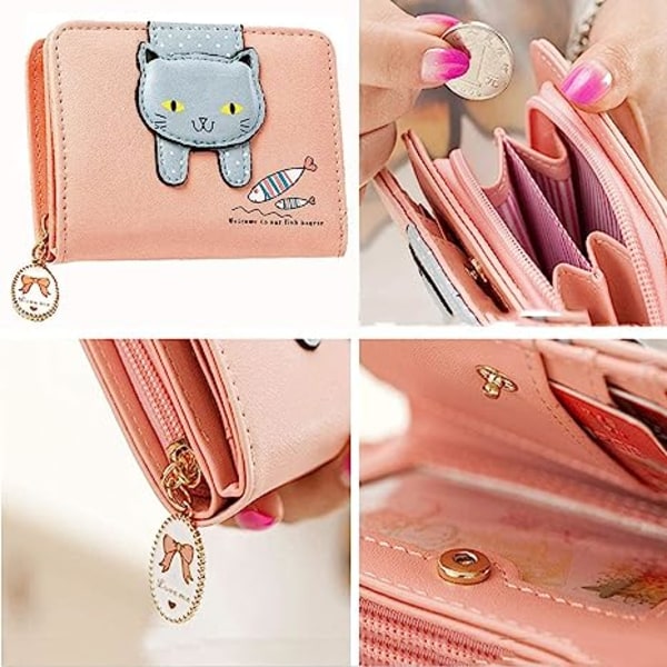 Jenter Kvinner Liten Lommebok Søt Katt Mønster Clutch Veske Mynt Holder Kort Organiser Pink