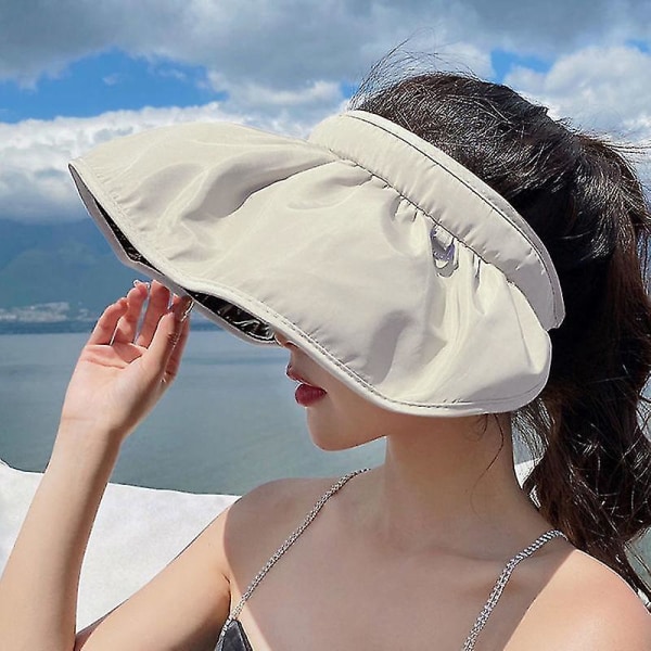 Sommerskall solskjermhatt Uv-beskyttelse Dobbel bruk hårbøyle solhatt for kvinner Strand sammenleggbar bøttehetter med bred kant Beige