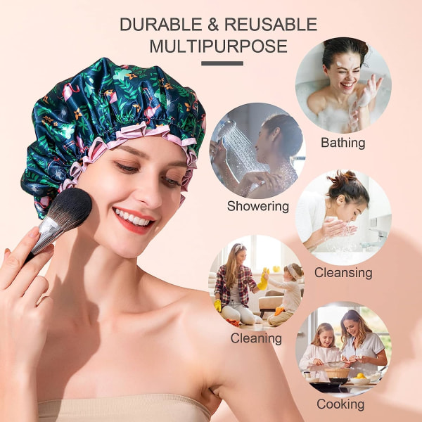 Duschmössor Återanvändbara badrumsduschmössor för kvinnor Långt hår, dubbla lager vattentäta badduschmössor för barn Flickor Män, Flamingo, 1 förpackning