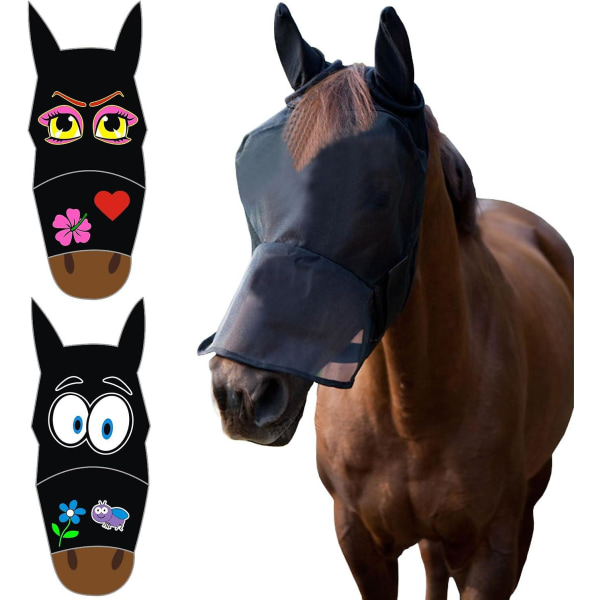 ® Hest Pony Cob Flue Maske Net Slør Hætte Fuld Ansigt Tegneserie Polyester Ører Næse Beskyttelse (Tegneserie Pink Øjne, Fuld)