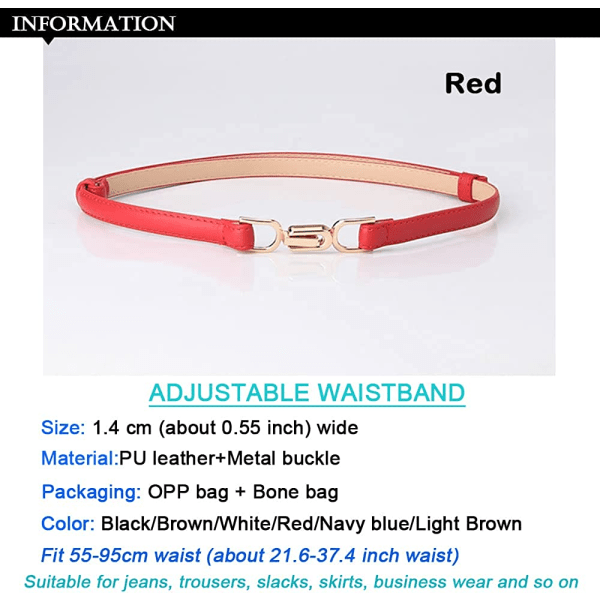 Skinny belte i imitert skinn for kvinner Skinny PU-skinn Justerbart slankt tynt belte med metallspenne Slankt belte i denimkjole for kvinner (rød) red