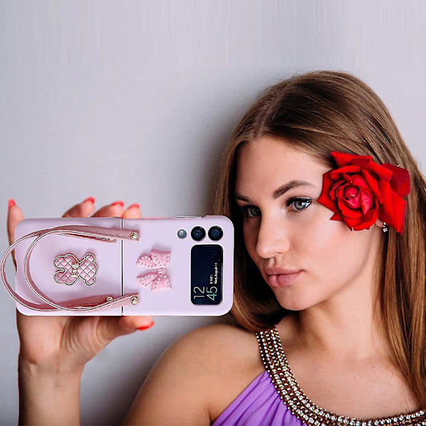 3D-rusettikarhu-kotelo, yhteensopiva Samsung Galaxy Z Flip 4 5g:n kanssa, rannekkeellisella hihnalla, taittuva, iskunkestävä takakansi Pink