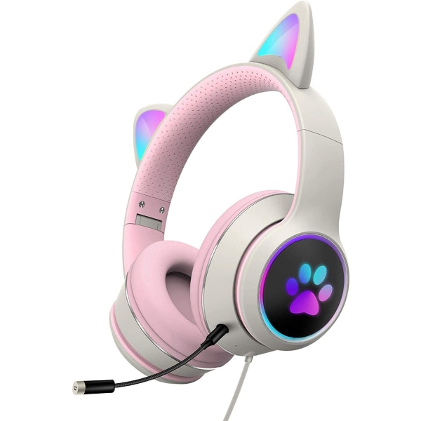 LED-oplyste hovedtelefoner med mikrofon, sammenklappelige, søde katteøre, gaming-headset med dusty pink