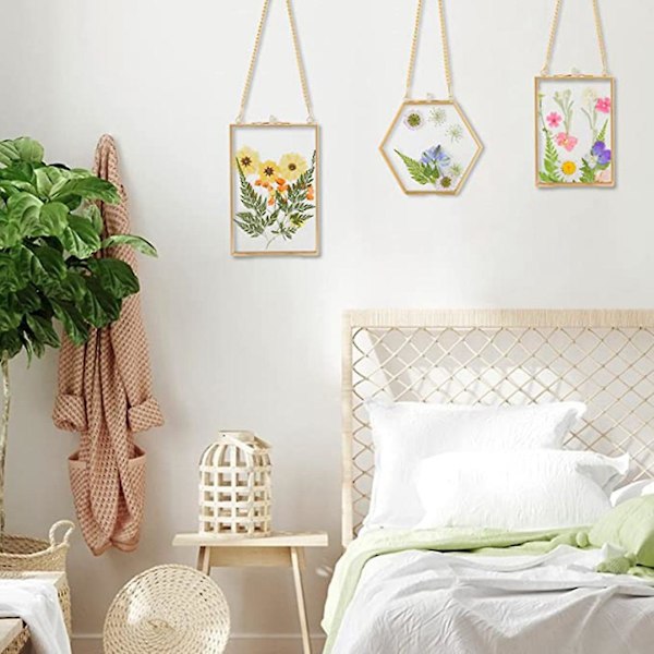 3 kappaletta puristettuja kukkia lasikehykset- Kultaiset riippuvat lasikuvakehykset ketjulla kelluva Diy A
