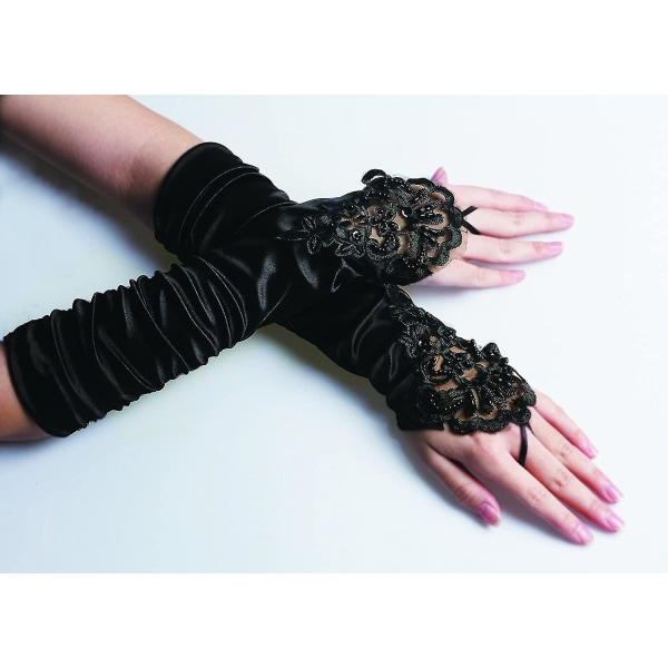 Mustat hanskat Pitkät hanskat 1920-luvun asusteet, puvut, sormettomat hanskat naisille Roaring 20-luvun asusteet Klassiset satiiniset kyynärpääkäsineet (s12)