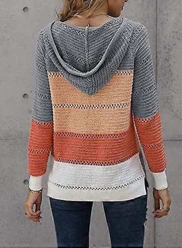 Randig Color Block Hoodie Dam Mode V-ringad Stickad Tröja Pullovrar