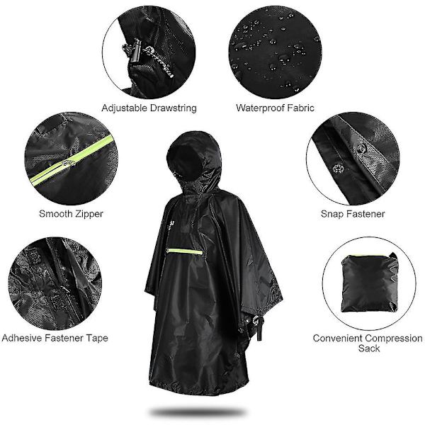 Regnfrakk for menn og kvinner, sykkelregnfrakk, vanntett poncho med refleksstripe Black