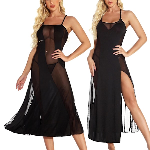 Sexy Dame Splice Trådløs BH Lingerie Ryggløs Pyjamas Nattkjole Svart S-6xl S