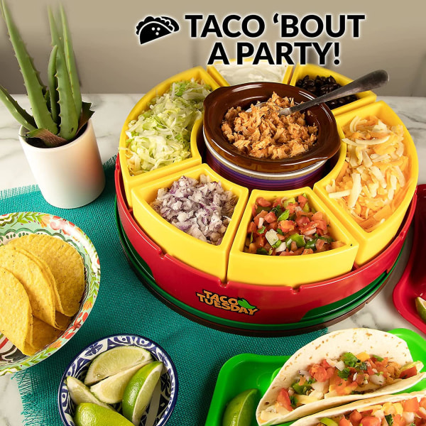 Taco Tuesday Uppvärmd Lazy Susan Taco Bar Set för en fest med 4 tortillahållare, fonduegryta för burritos, nachos och fajitas - 20 Oz. - Rött