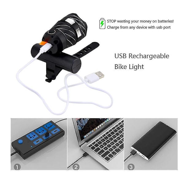 Polkupyörän valo, Led-polkupyörän valo Etuvalo Taskulamppu Päävalo USB-ladattavalla sisäänrakennetulla akulla Pyörän valot Eteen ja taakse.(musta)