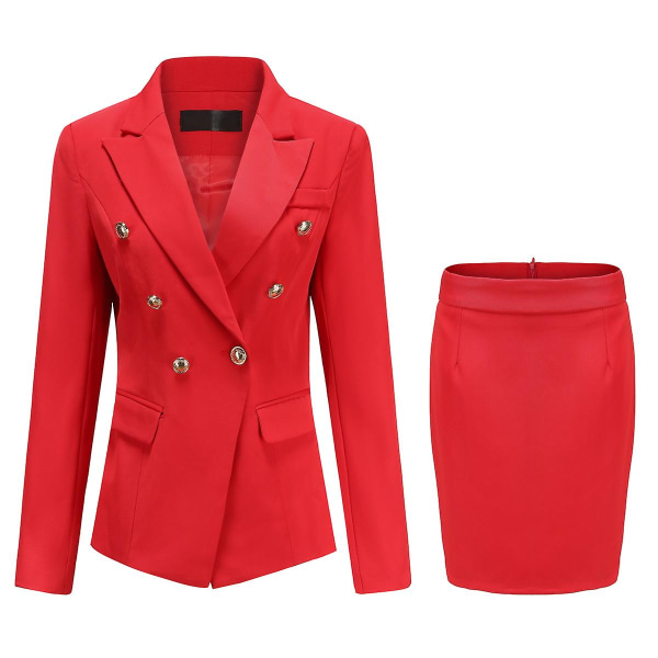 Yynuda Dam 2-delad Elegant Office Lady Professionell klänning Dubbelknäppt affärsdräkt (kavaj + kjol) Red 2XL