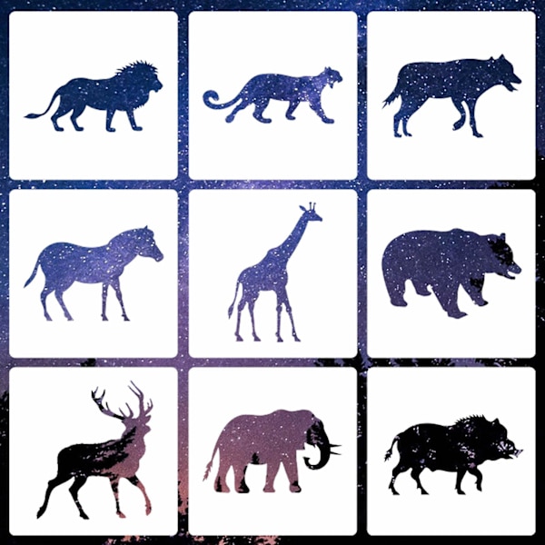 Gør-det-selv stencils med dyremotiver - Malingsskabeloner til gør-det-selv kunst, scrapbog og journal - 9 stk.