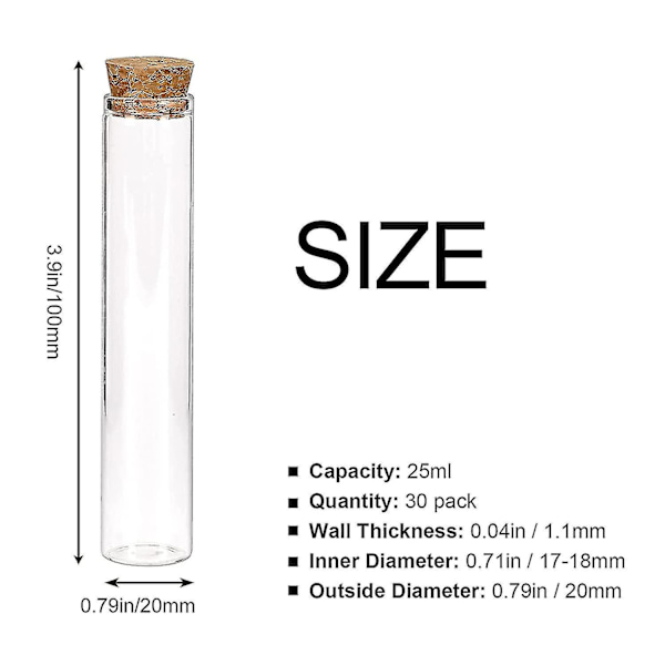 30 stk 25 ml glass test tubes, 20100 mm klare flate test tubes W