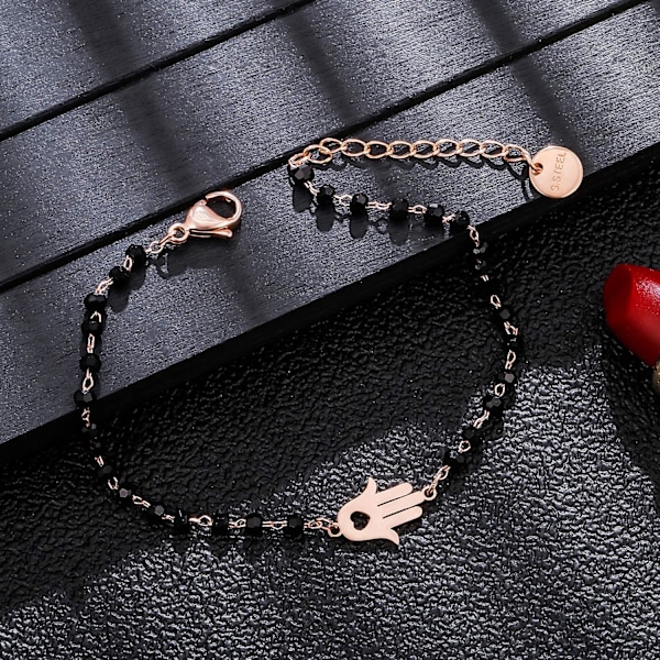 Palm Charm Armbånd i Rustfrit Stål med Sorte Perler - Enkelt Lykkearmbånd (Rosaguld) rose gold