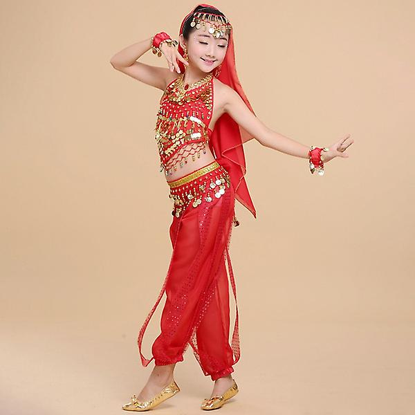 2-14 år gamla flickor Magdans Dans Kostym Performance Dräkt Röd