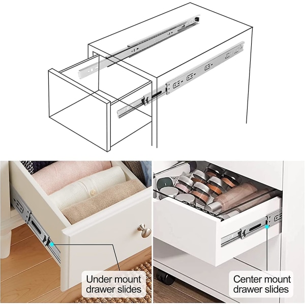 Kinlink 1 par 16 tumsskenor, 3-faldigt fullutdrag mittmonterade lådskenor, kullagermonterade sidomonterade lådskenor för köksbyrå