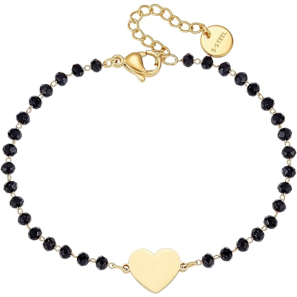 Hjerte Charm Armbånd i Rustfrit Stål med Sorte Perler - Enkelt Lykke Charm Armbånd (Guld) gold