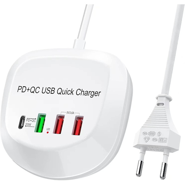 USB-C Snabbladdare, USB PD QC 3.0 Väggladdare Snabb Väggladdare 4-Portars Multipel USB-strömadapter för iPhone iPad Shibaod
