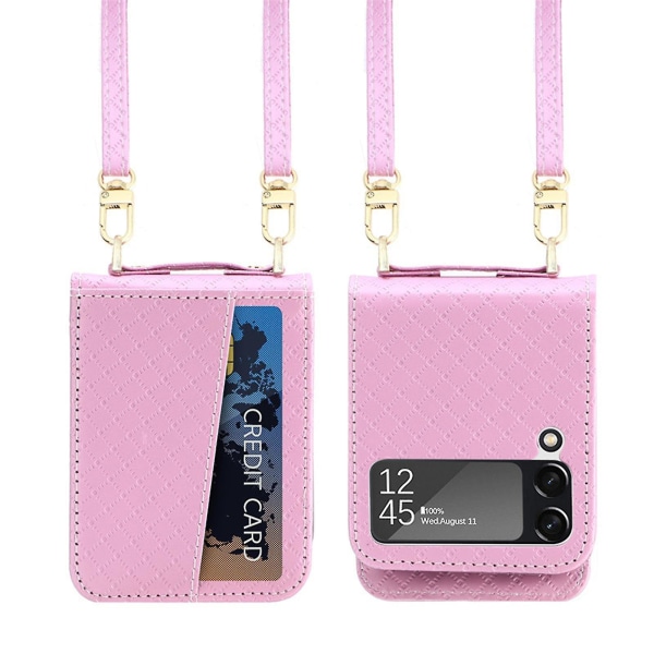 Lanyard Lærveske kompatibel Samsung Galaxy Z Flip 3 Z Flip 4 med kortholder Støtsikker crossbody Pink