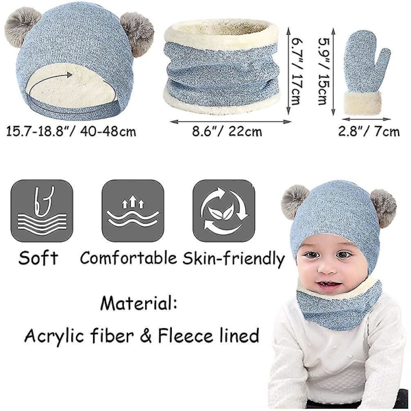 Børne vinter huetørklæde og handsker 3 i 1 varm hue sæt Pompom hatte med tyk fleece L