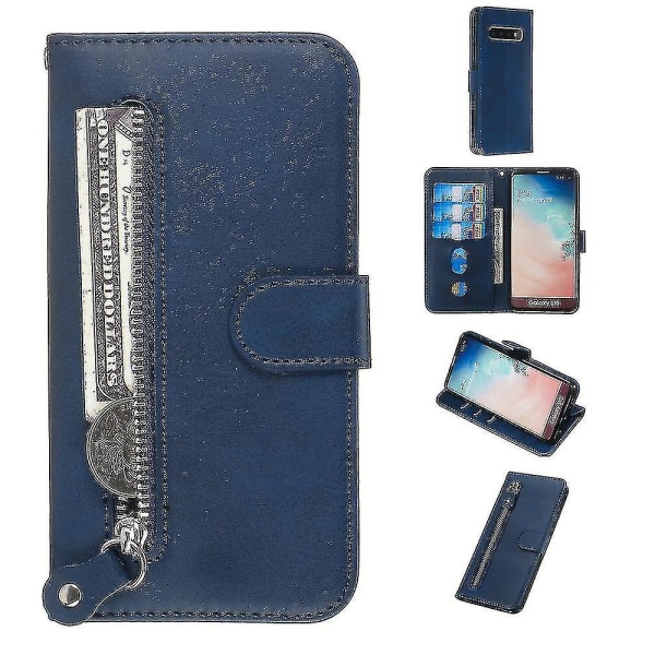 Lommebokveske for Samsung Galaxy S10, premium Pu-lær Magnetisk lukkekortspor Stativ Glidelåslomme Mykt Tpu-flipdeksel - blå