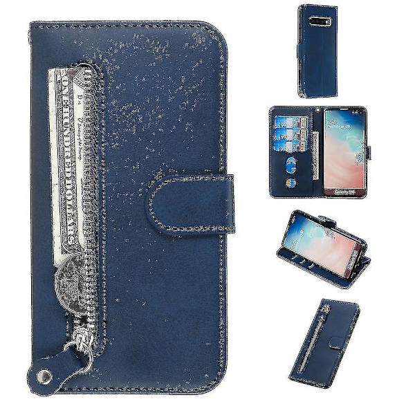 Plånboksfodral för Samsung Galaxy S10, premium PU-läder, magnetiskt stängning, kortplatser, stativ, blixtlåsförsedd ficka, mjukt TPU-flipfodral - Blå