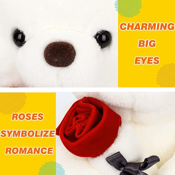Teddybjørn Plysdyr Sød Plys Bamse med Rose Fødselsdag Valentinsdag Gave til Børn Drenge Piger Hvid, 8.5