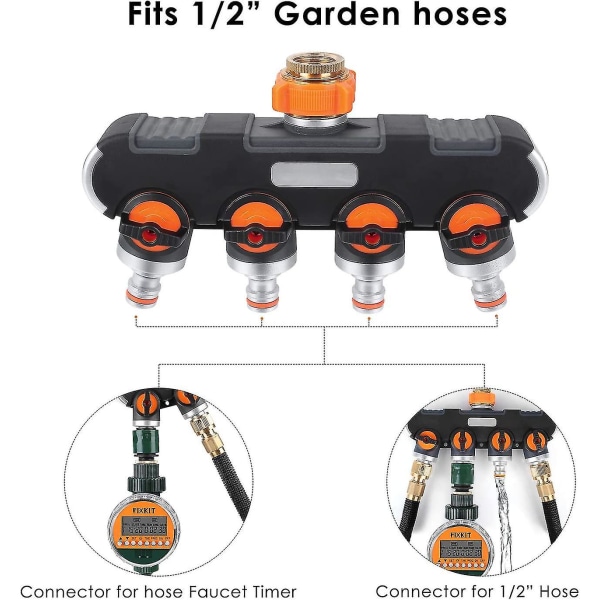 4-veis fordeler: 3/4" og 1/2" vannfordeler med kranadapter for hagevanning