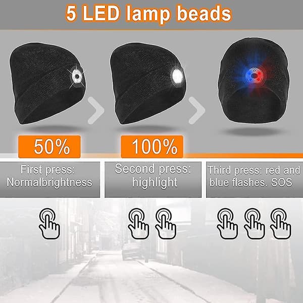 Beanie-lue med lys - 5 LED-lys