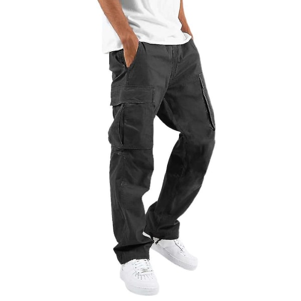 Bekväma arbetskläder för män Bomull Linne Flerfickor Casual Lösa Baggy Long Cargo Pants Black 2XL