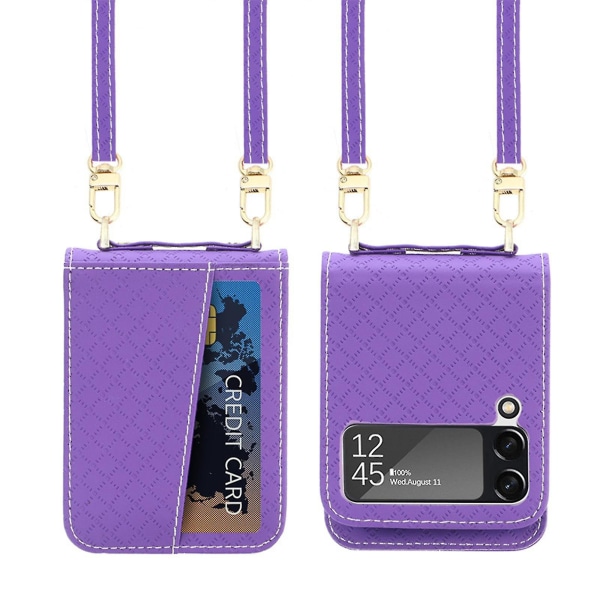 Lanyard læderetui kompatibelt Samsung Galaxy Z Flip 3 Z Flip 4 med kortholder Stødsikker crossbody Purple