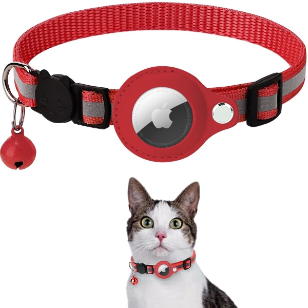 Uppgraderat AirTag katthalsband: Integrerat GPS-halsband med Apple Air Tag-hållare och klocka [röd], säkerhetsspårare med elastisk band för katter av alla kön, kitte