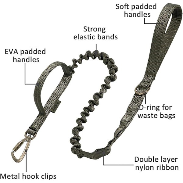 Taktisk militær hundeleie K9 Bungee treningshundeleie tungt tau med håndtak for mellomstore og store hunder (Ranger Green)