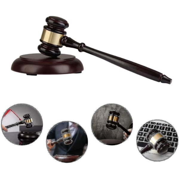 Trähammare och rund bas, handgjord med block för domare, advokat, auktionsförsäljning