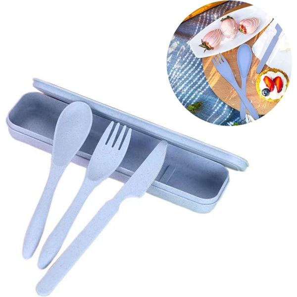 Bärbar campingbestickset, plastbestickset, 3-delat bärbart campingbestickset, resebestick med låda, återanvändbart campingbestickset