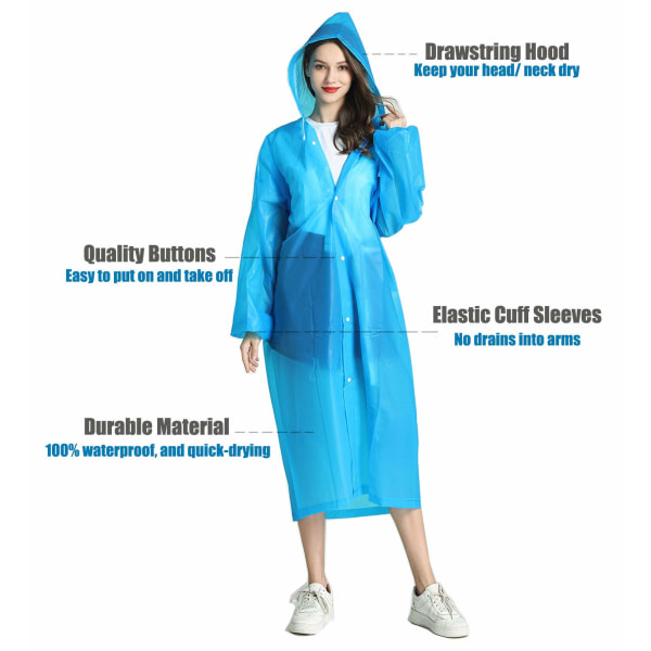 Regnfrakk, [2-pakning] Bærbar EVA-regnfrakk Gjenbrukbar regnponcho med hette og elastiske mansjetter, blå