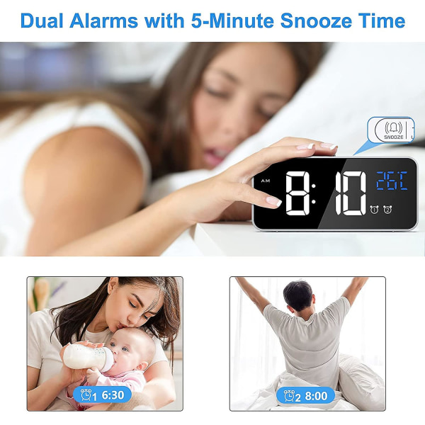 Digital vekkerklokke, LED digital klokke Digital vekkerklokke Temperatur/snooze/2 alarmer/12/24 timer/USB-ladepunkt/16 musikk (sølv)