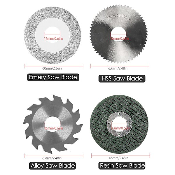 Motorsagbladsett 4 stk: 63 mm harpiksblad  60 mm smaragdblad  63 mm HSS-blad  63 mm legeringsblad