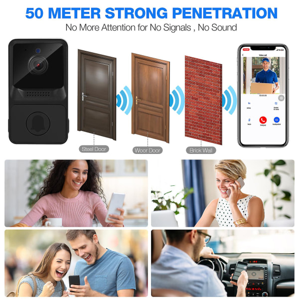 Trådlös fjärrvideo dörrklocka smart dörrklocka intercom wifi anti-stöld dörrklocka för hem sovsal kontor (svart)