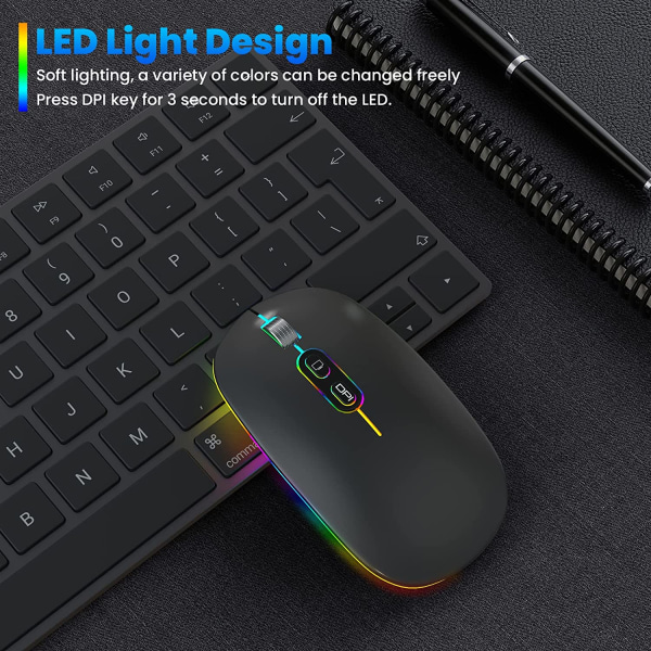 LED trådløs mus, lydløs 2,4G genopladelig bærbar Slim C