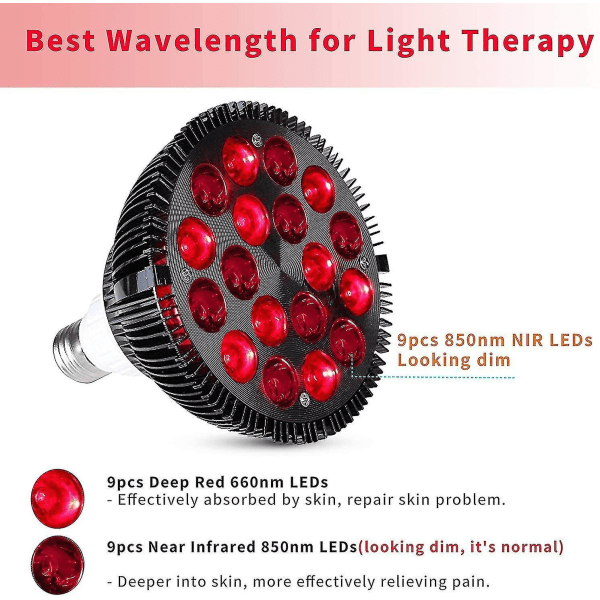 Rødt Lys Terapi Lampe, Wolezek 36w 18 Led Infrarød Lys Terapi Enhed, 660nm Rød Og 850nm Nær Infrarød Combo Rød Lys Pære