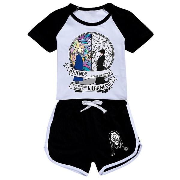 Barn Jenter onsdag Addams T-skjorte Shorts med trykt antrekk Pyjamas Natttøy Loungewear Sommer treningsdress Black 11-12 Years