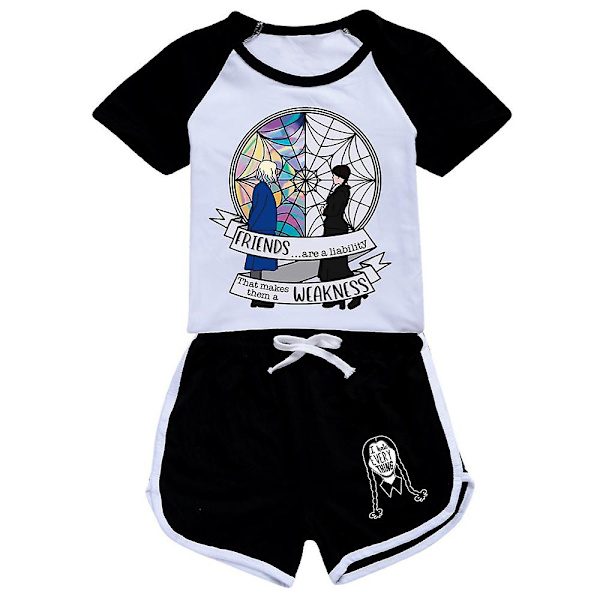 Barnflickor Wednesday Addams Tryckt T-shirt Shorts Outfits Set Pyjamas Nattkläder Loungewear Sommar Träningsdräkt Black 9-10 Years