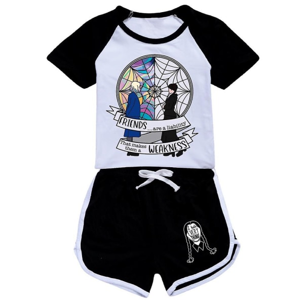 Lapset Tytöt Keskiviikko Addams Printed T-paita Shortsit Asut Set Pyjamat Yöpuvut Loungewear Kesä Verryttelypuku Black 9-10 Years