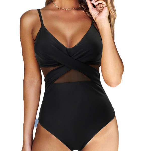 Women's Black V Neck One Piece Swimsuit Wrapped Mesh Bathing Suit, L